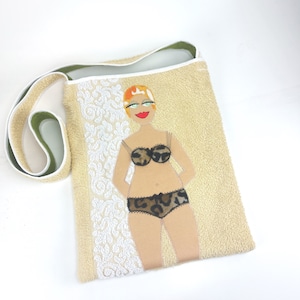 Frottee-Strandtasche, vanillegelbe Umhängetasche crossover mit Bikini-Trulla, Vintage-Frottee
