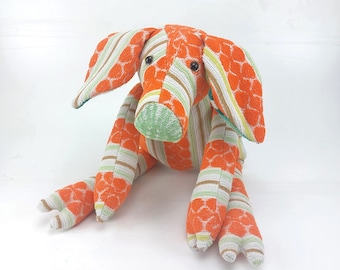 Pig, vintage terry cloth, upcycled from 70s terry cloth, orange-white-green-brown pattern
