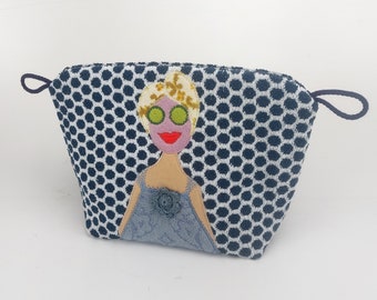 Cosmetic bag, toiletry bag, vintage terry cloth upcycling, white and blue dots, appliqué trulla with curd mask, funny cosmetic bag