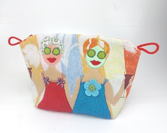 Toiletry bag with two Trullas, girlfriends wellness with face mask, sewn from upcycled vintage terry cloth, colorful