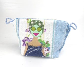 small cosmetic bag with Trulla in face mask, vintage terry cloth upcycled, white-blue, purple floral, small Trulla bag