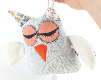 Music box eagle owl, vintage terry cloth white-colorful