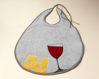 large bib XXL, burp cloth for adults, light blue, with appliqué cheese Edam and red wine