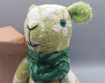 Terry cloth bear, vintage terry cloth upcycled, green-orange-white, rattle bear