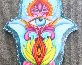 Hamsa Hand Wall Hanging: Evil Eye Protection Art, Wood Decor