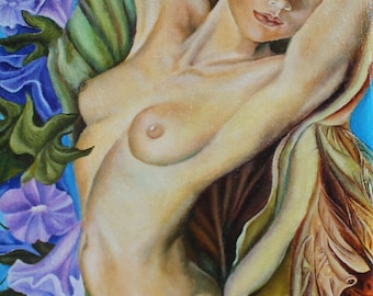 Divine feminine art, Nude canvas print, Morning glory art,feminine art, female figure canvas, nude woman print,sensual nude art,nude goddess