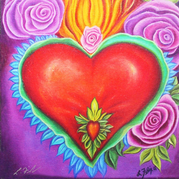 Milagro,Sacred Heart,Mexican art,Sacred Heart of Jesus,Catholic heart,flaming heart,Immaculate Heart,Blessed heart, purple roses, Mexico art