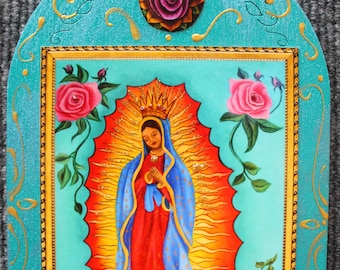 Our Lady of Guadalupe Art: Hand-Painted Religious Icon Plaque, Guadalupe print