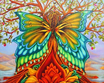 Tree of Life Butterfly Canvas Print: Rainbow Goddess Art (8x8)