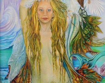 Mermaid goddess canvas print, Yemaya goddess, dancing mermaid, angel trumpets, divine feminine art, fantasy mermaid print, wave goddess