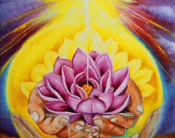 Lotus flower canvas print,inspirational art,spiritual art, meditation art, yoga art, waterfalls,pink lotus,zen art,visionary art,healing art