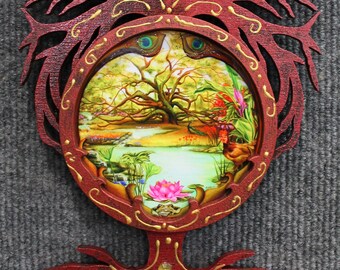 tree of life wall hanging, oaktree wood wall art, lotus pond art, meditation room art, Paradise art , metaphysical art, spiritual landscape,