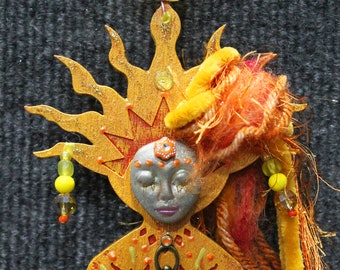 Sun Goddess ornament, Art doll, Sunshine Goddess , pagan art doll, feminine wall art, Goddess figurine, sun goddess sculpture,female art