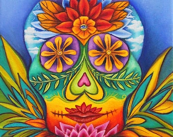 Rainbow Sugar Skull Canvas Print, Day of the Dead, Mexican Art