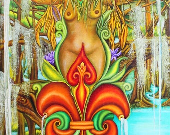 Fleur de lis Goddess, Bayou goddess, fairy canvas art, New Orleans art, bayou art, Fleur de Lis art, nude art, nude fairy art, winged fairy