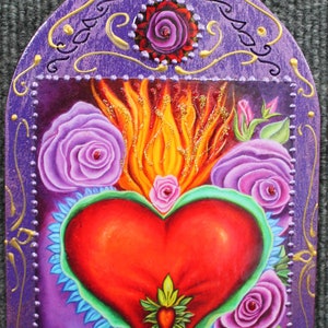 Milagro Sacred Heart, Valentine heart, religious milagro art, Milagro heart wall hanging, flaming heart, Immaculate Heart, Blessed heart image 1