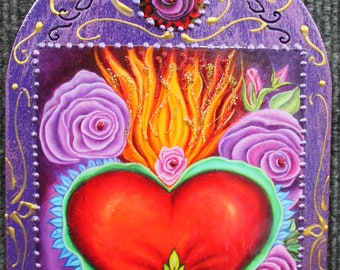 Milagro Sacred Heart, Valentine heart, religious milagro art, Milagro heart wall hanging, flaming heart, Immaculate Heart, Blessed heart