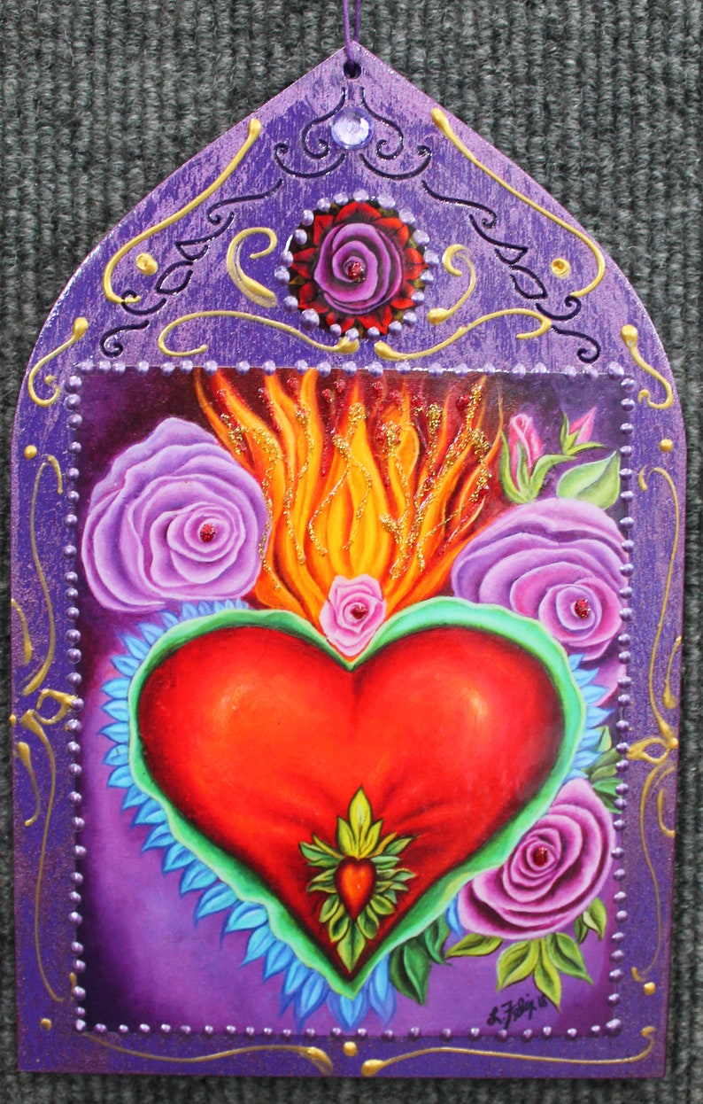 Milagro Sacred Heart, Valentine heart, religious milagro art, Milagro heart wall hanging, flaming heart, Immaculate Heart, Blessed heart image 1