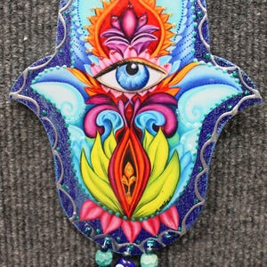 Hamsa Hand Wall Hanging: Evil Eye Protection Art, Hand-Painted Wood Decor