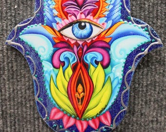 Hamsa Hand Wall Hanging: Evil Eye Protection Art, Hand-Painted Wood Decor