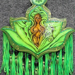 Earth Goddess Ornament: Wood Sculpture with Beaded Fringe