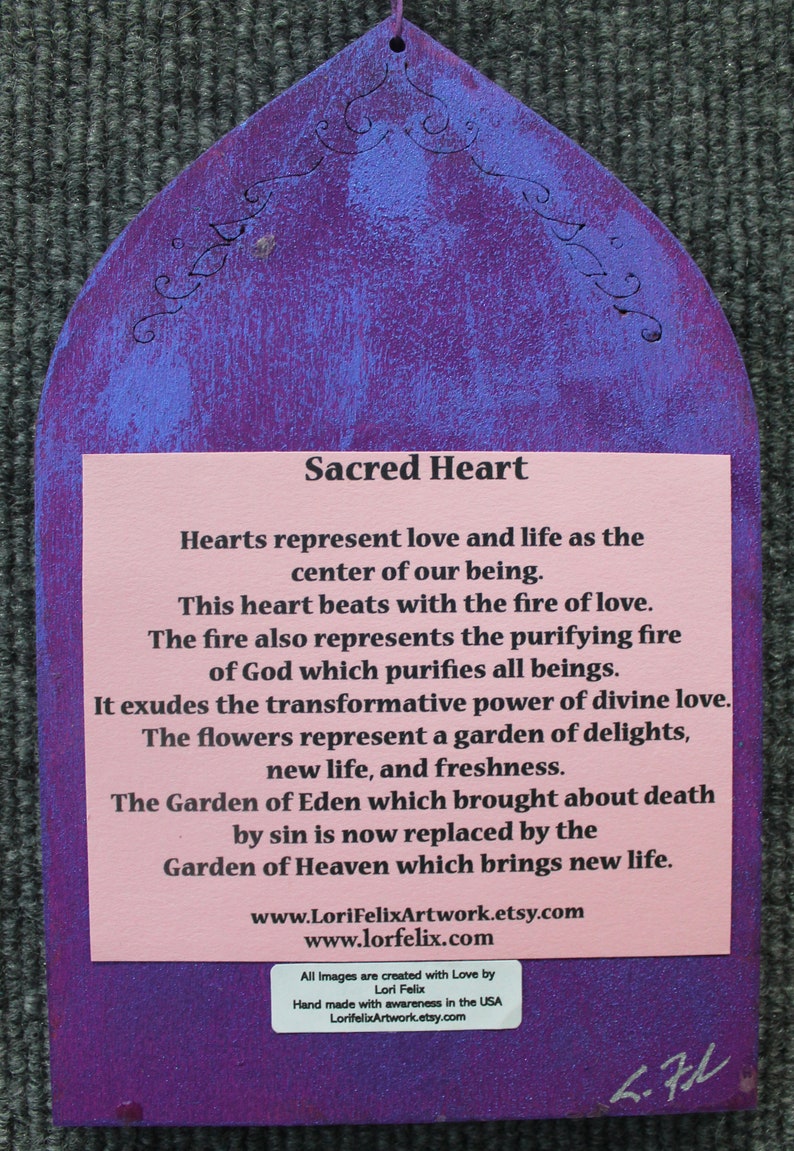 Milagro Sacred Heart, Valentine heart, religious milagro art, Milagro heart wall hanging, flaming heart, Immaculate Heart, Blessed heart image 8