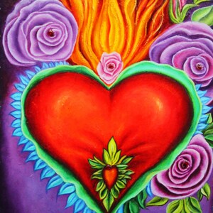 Milagro Sacred Heart, Valentine heart, religious milagro art, Milagro heart wall hanging, flaming heart, Immaculate Heart, Blessed heart image 5