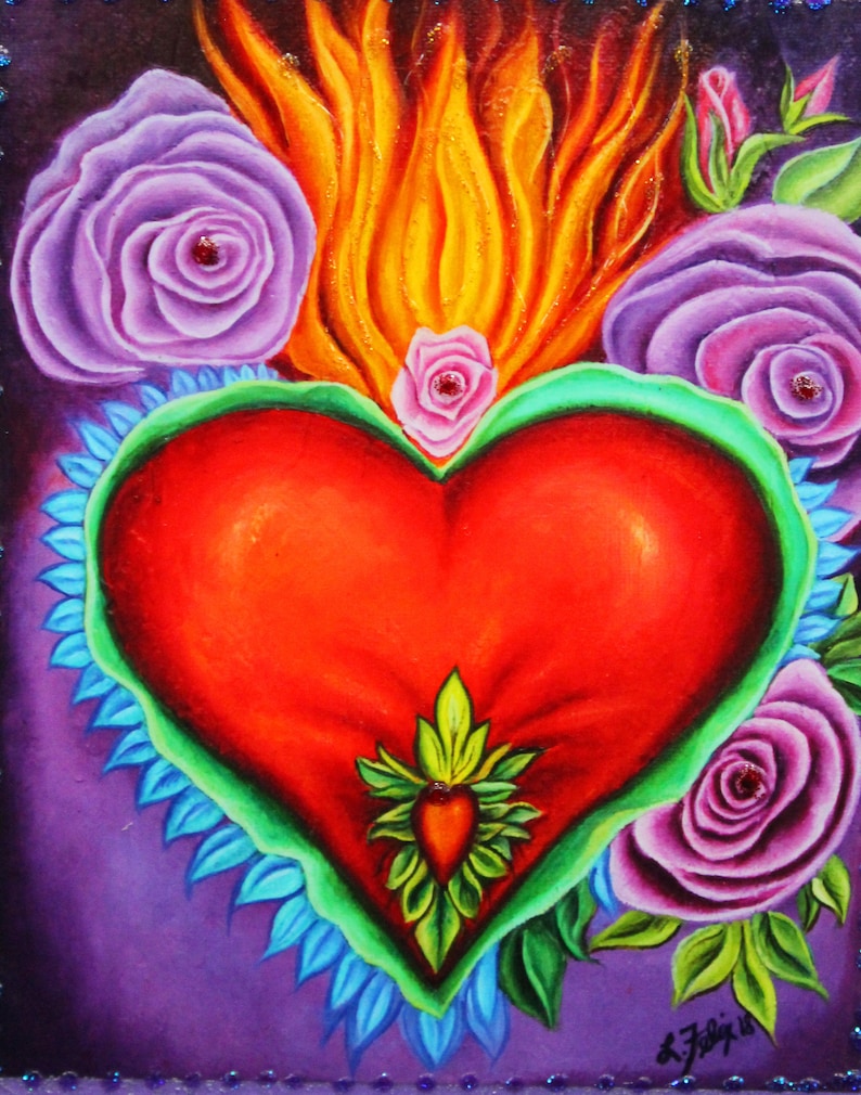 Milagro Sacred Heart, Valentine heart, religious milagro art, Milagro heart wall hanging, flaming heart, Immaculate Heart, Blessed heart image 5