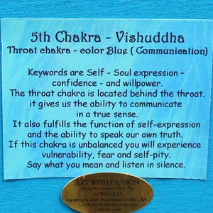 May include: A blue and white card with the text "5th Chakra - Vishuddha Throat chakra - color Blue (Communication)" and a description of the chakra's meaning and function. The card also includes the text "Art with Passion" and a website address.