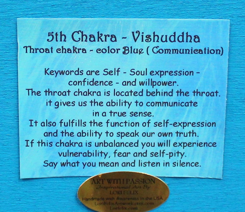 May include: A blue and white card with the text "5th Chakra - Vishuddha Throat chakra - color Blue (Communication)" and a description of the chakra's meaning and function. The card also includes the text "Art with Passion" and a website address.
