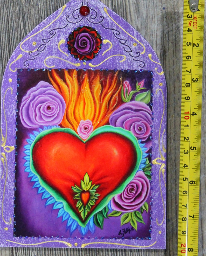 Milagro Sacred Heart, Valentine heart, religious milagro art, Milagro heart wall hanging, flaming heart, Immaculate Heart, Blessed heart image 7