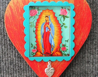 Milagro heart Guadalupe, Our Lady of Guadalupe, religious Icon, Mexican art, Flaming Heart, Guadalupe wall hanging,