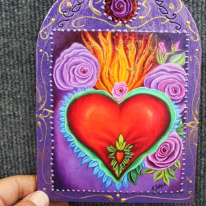 Milagro Sacred Heart, Valentine heart, religious milagro art, Milagro heart wall hanging, flaming heart, Immaculate Heart, Blessed heart image 2