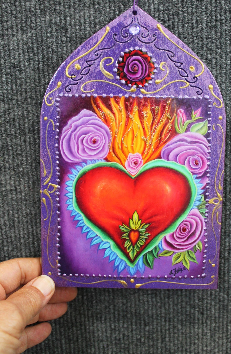 Milagro Sacred Heart, Valentine heart, religious milagro art, Milagro heart wall hanging, flaming heart, Immaculate Heart, Blessed heart image 2