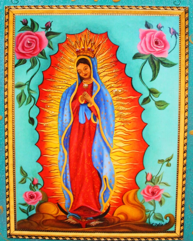 May include: A vibrant painting of a religious figure, adorned in a red dress and blue cloak, with a golden halo. Pink roses and green vines frame the figure against a turquoise background, within a gold-trimmed frame.