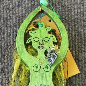 Green Goddess Ornament: Tree of Life Wood Sculpture, Altar Decor