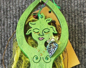Green Goddess Ornament: Tree of Life Wood Sculpture, Altar Decor