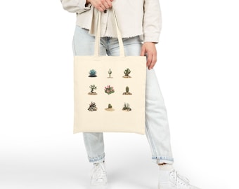 Cactus Print Cotton Canvas Tote Bag: Eco-Friendly Reusable Shopping Bag