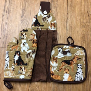 May include: Set of three brown kitchen towels with a dog print. The towels feature a variety of dog breeds, including poodles, huskies, and golden retrievers. The towels are made of a soft, absorbent fabric and are perfect for drying dishes or hands.