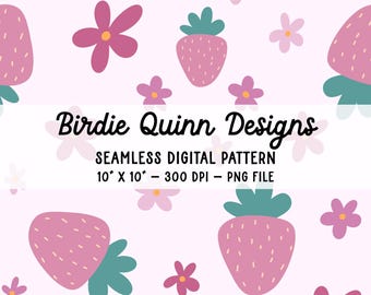 Strawberry Floral Seamless Pattern: Hand-Drawn PNG File (300 DPI, Digital Download)