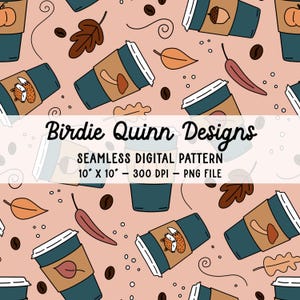 Fall Coffee Seamless Pattern: Pumpkin Latte PNG File (300 DPI Digital Download