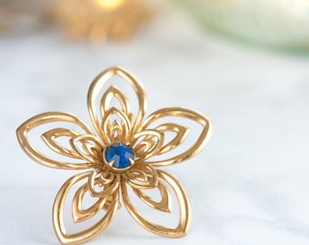 Gold and Blue Floral Brooch - Blue Rhinestone Brooch - Summer Wedding Jewelry