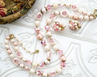 Faux Pearl and Crystal Beaded Necklace and Earrings - Vintage 1950s Jewelry Set - Summer Wedding Jewelry - Vendome Jewelry Set- Gift For Her