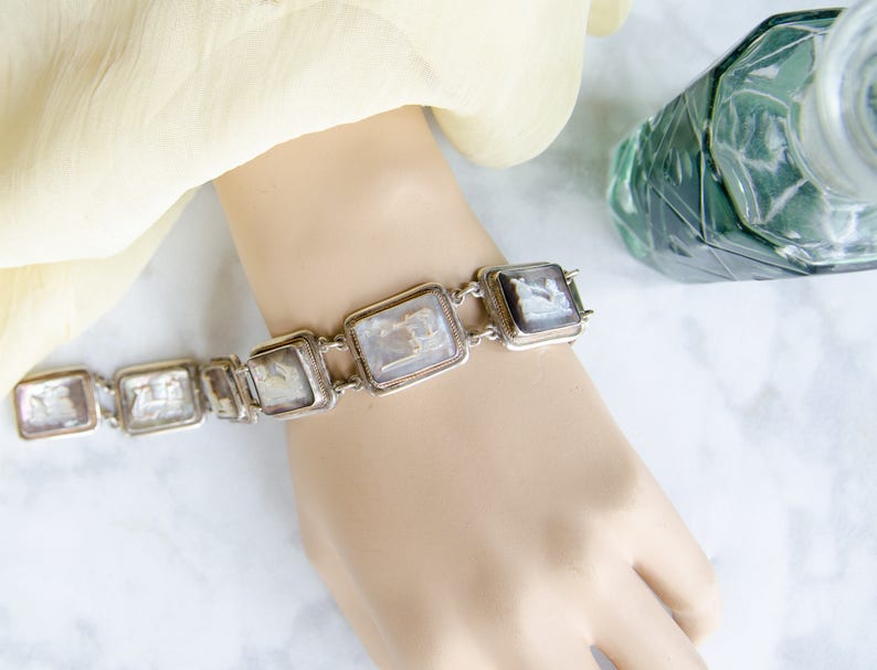 Vintage Silver Jewelry Antique Greek Roman Goddess Bracelet - Art Deco Gift for Her Italian Souvenir Bracelet Cameo Shell Bracelet
