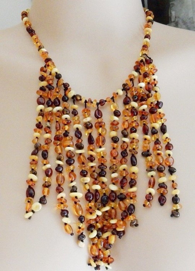 1980s Statement Necklace Boho Gift For Her Rajola Bib Necklace Autumn Wedding Vintage Amber Beaded Necklace Designer Jewelry
