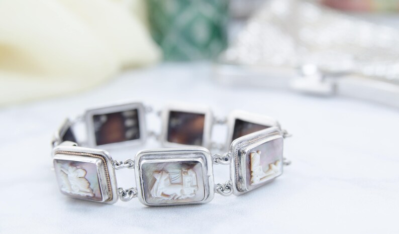 Vintage Silver Jewelry Antique Greek Roman Goddess Bracelet - Art Deco Gift for Her Italian Souvenir Bracelet Cameo Shell Bracelet