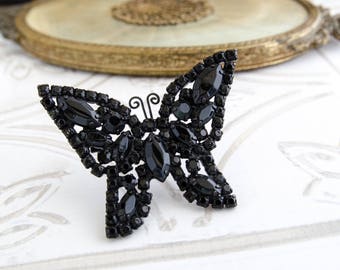 Vintage Black Rhinestone Brooch - Weiss Butterfly Brooch - Bridal Bouquet - 1950s Mad Men Gift - Crystal Bug Pin - Mid Century Goth