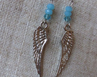 Silver Angel Wing with blue crystal bead dangle Earrings, Silver Finish small angel wings with rondel baby blue crystal bead