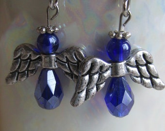Angel Earrings, Antiqued Silver Finish Wings, Blue Sapphire Crystal Glass, Angel Wing Earrings