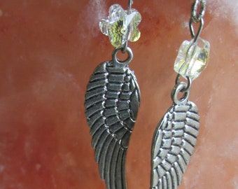 Angel Wing Earrings, Antiqued Silver Finish with Swarovski Flower Clear Crystal  6mm bead